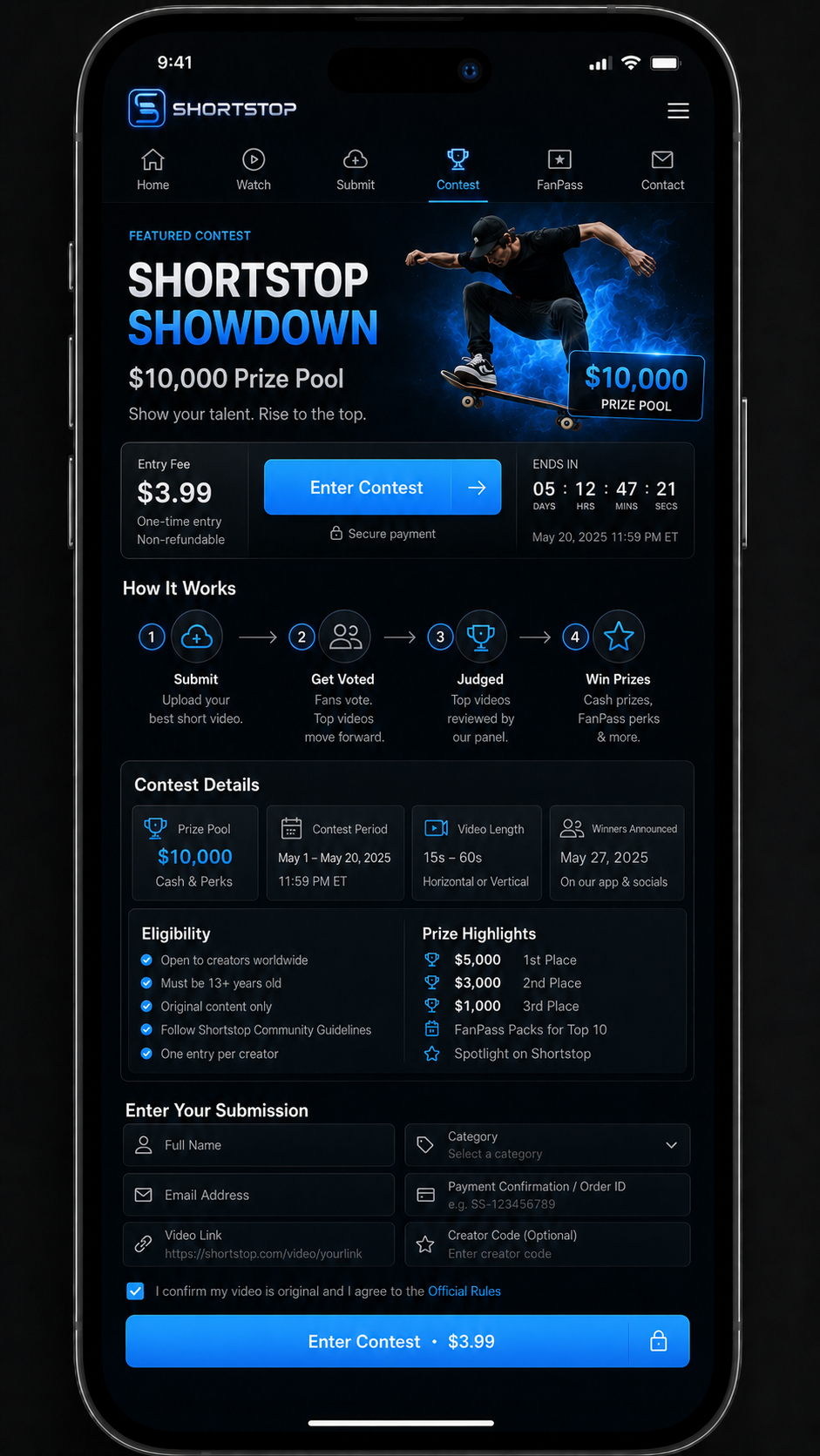 Shortstop contest page design