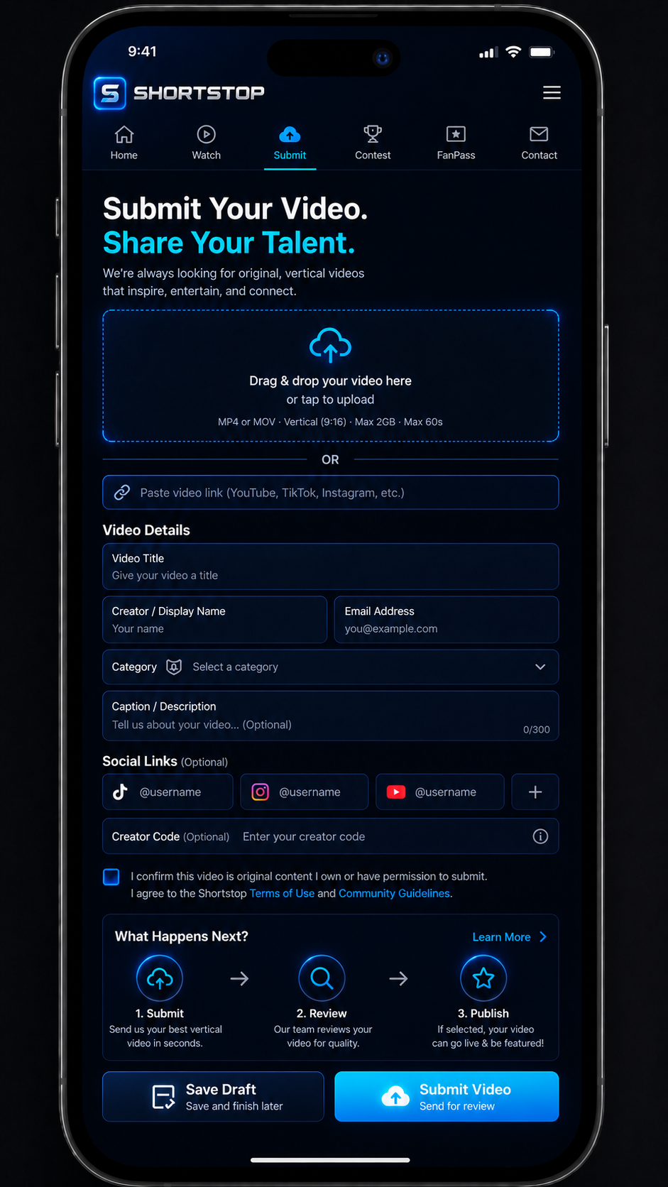 Shortstop submit video page design